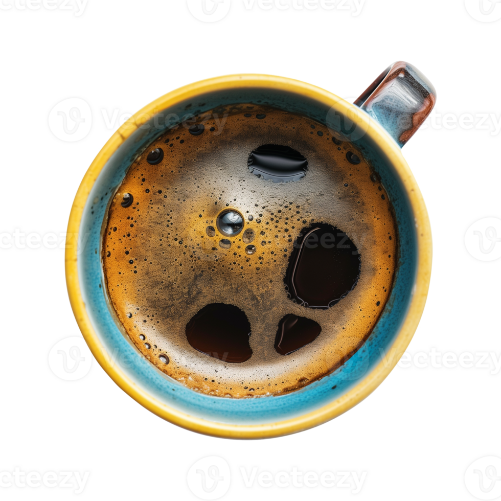 cup of hot black coffee on a transparent background, top view, cut out png