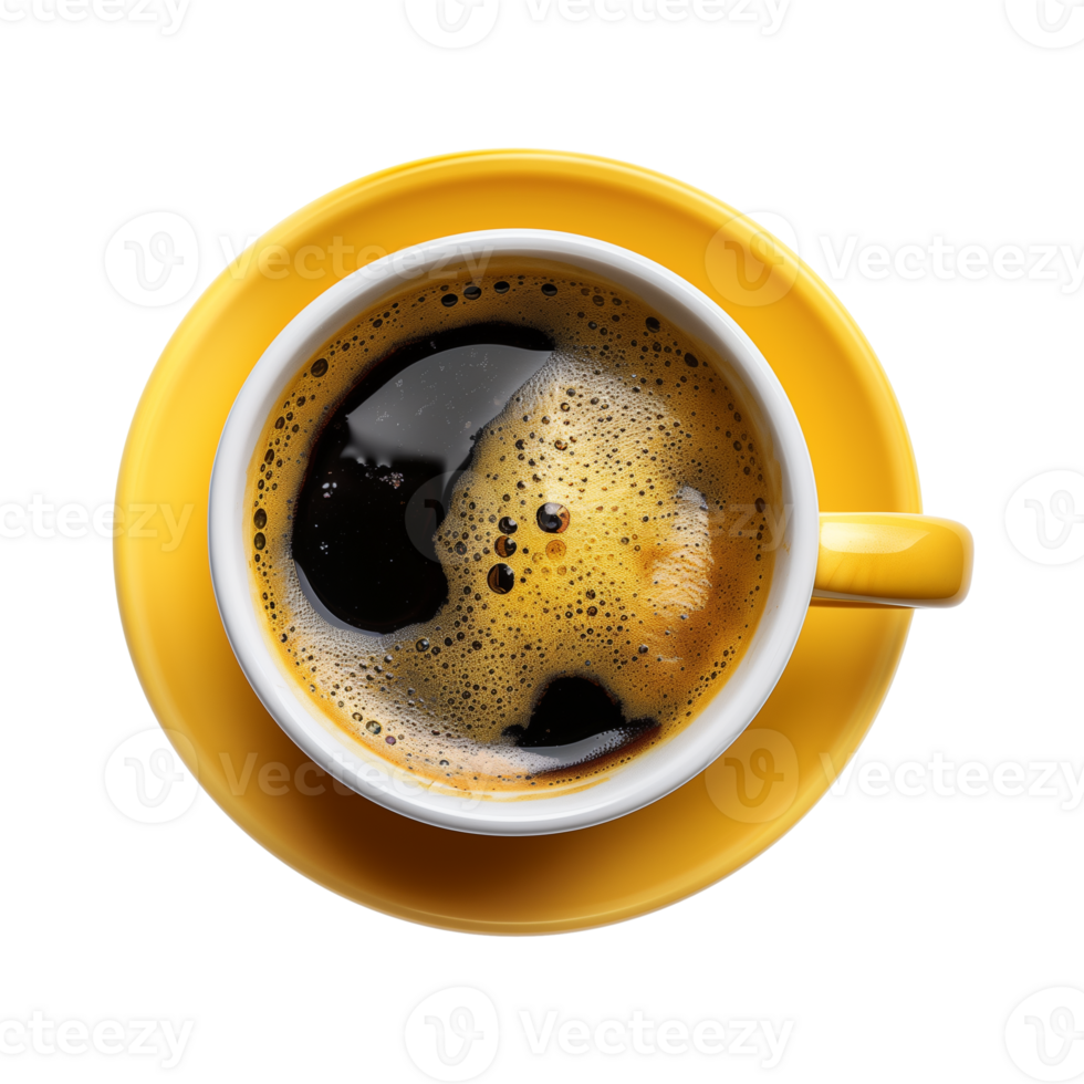 cup of hot black coffee on a transparent background, top view, cut out png