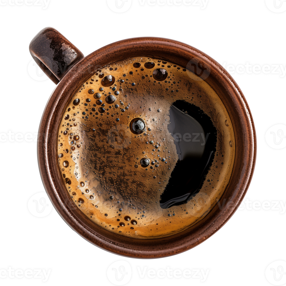 cup of hot black coffee on a transparent background, top view, cut out png