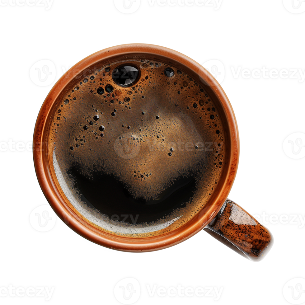 cup of hot black coffee on a transparent background, top view, cut out png