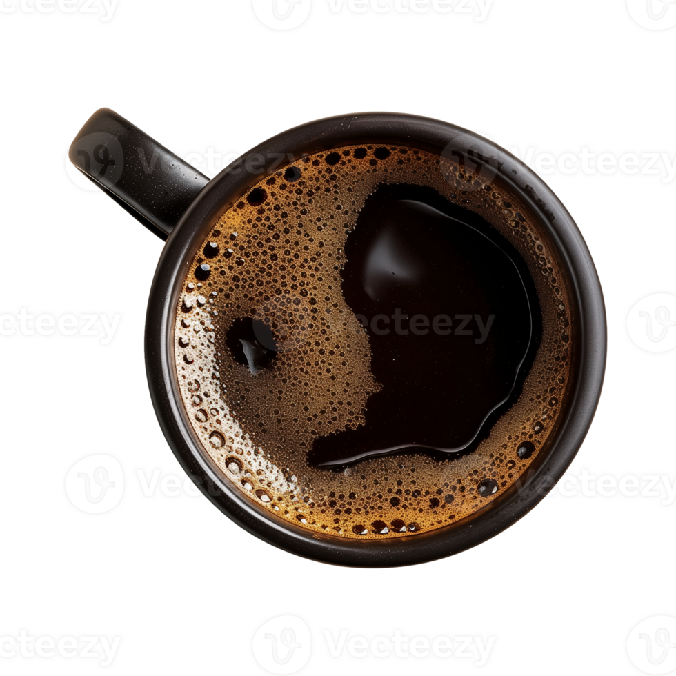 cup of hot black coffee on a transparent background, top view, cut out png