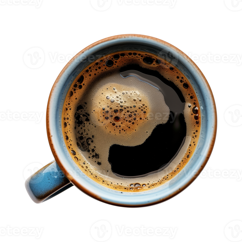 cup of hot black coffee on a transparent background, top view, cut out png