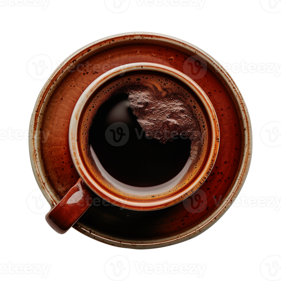 cup of hot black coffee on a transparent background, top view, cut out png