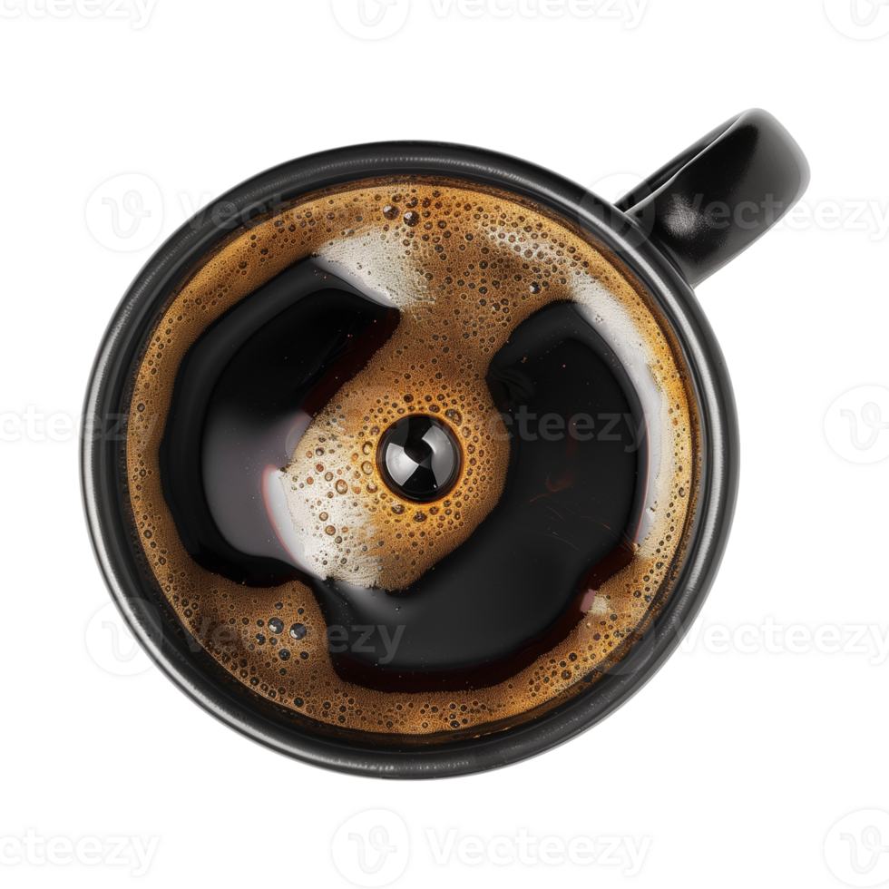 cup of hot black coffee on a transparent background, top view, cut out png