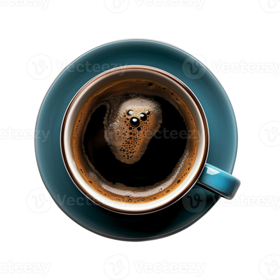 cup of hot black coffee on a transparent background, top view, cut out png