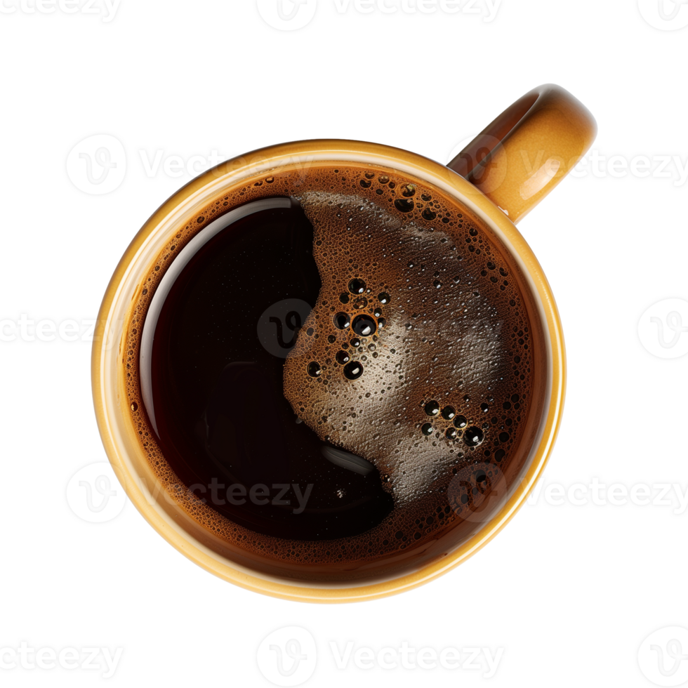 cup of hot black coffee on a transparent background, top view, cut out png