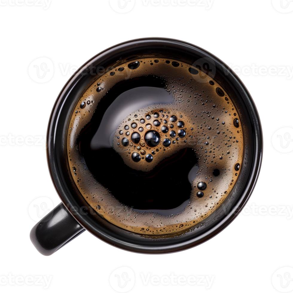 cup of hot black coffee on a transparent background, top view, cut out png
