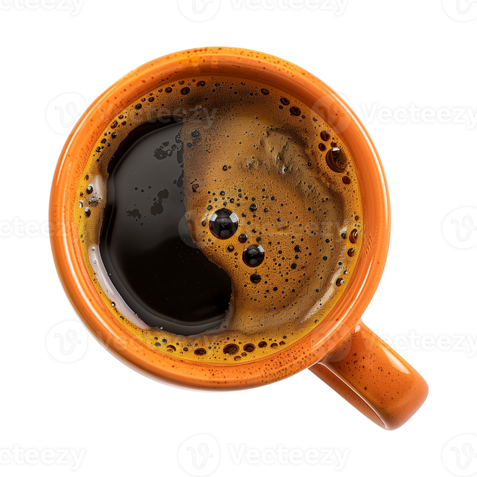 cup of hot black coffee on a transparent background, top view, cut out png