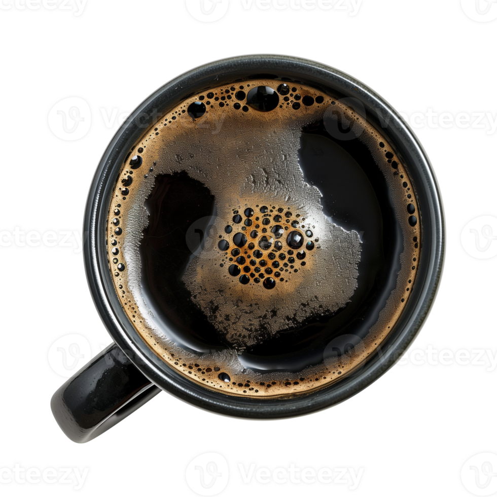 cup of hot black coffee on a transparent background, top view, cut out png