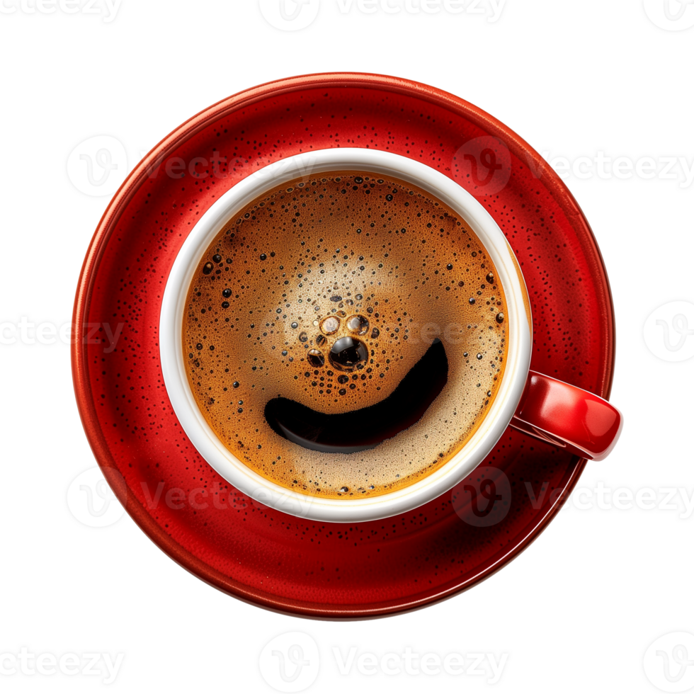 cup of hot black coffee on a transparent background, top view, cut out png