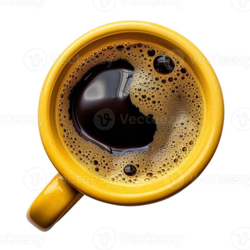 cup of hot black coffee on a transparent background, top view, cut out png