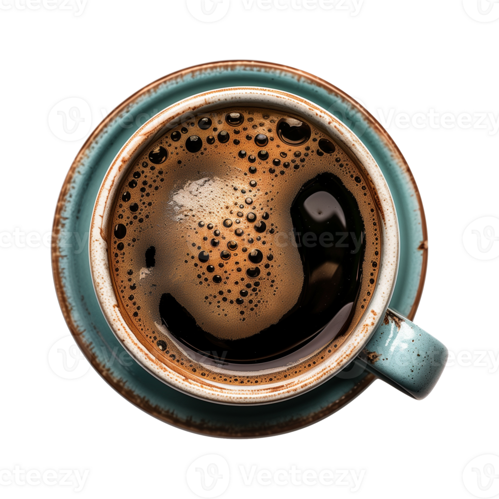 cup of hot black coffee on a transparent background, top view, cut out png