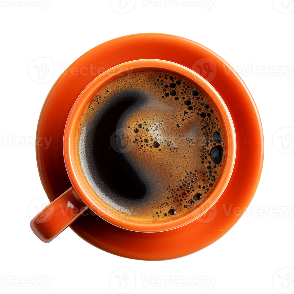 cup of hot black coffee on a transparent background, top view, cut out png