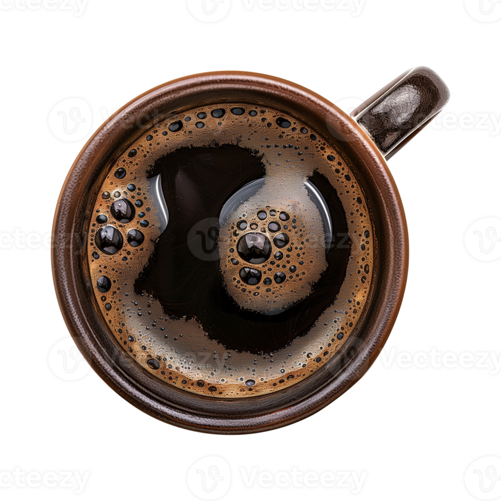 cup of hot black coffee on a transparent background, top view, cut out png