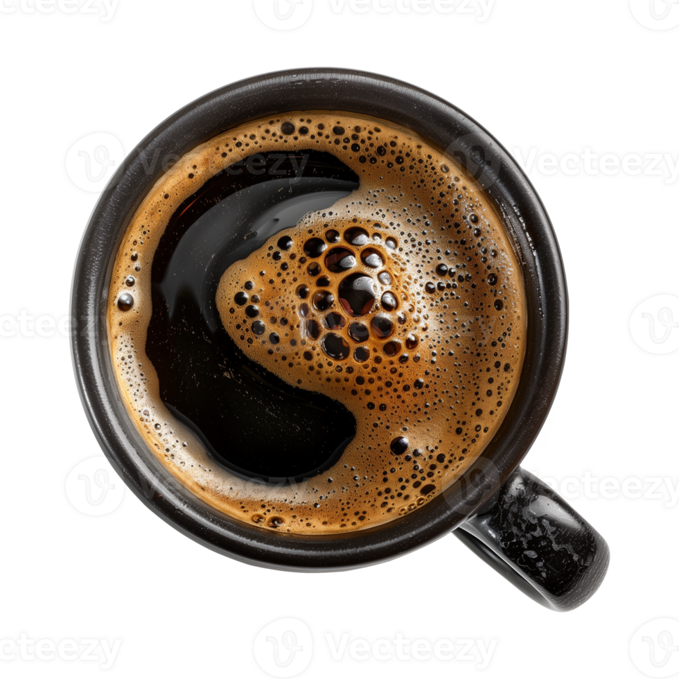 cup of hot black coffee on a transparent background, top view, cut out png