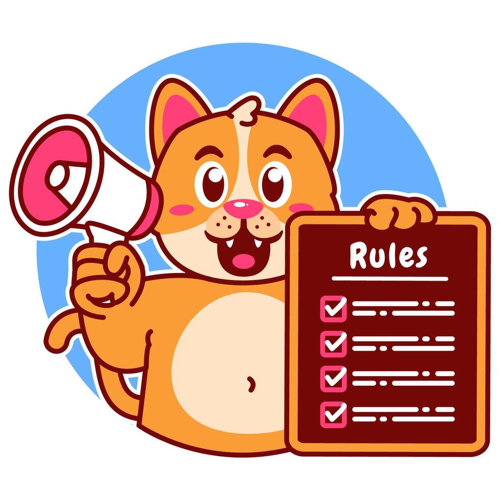 Illustration of Cute Cat Cartoon Character Holding Checklist and Rules and a megaphone vector