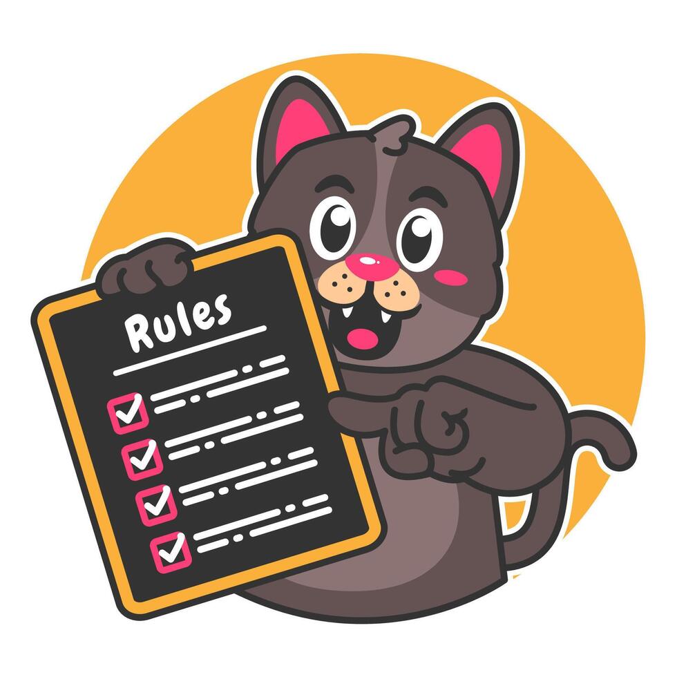 Illustration of Cute Black Cat Cartoon Character Holding a Checklist or list of rules vector