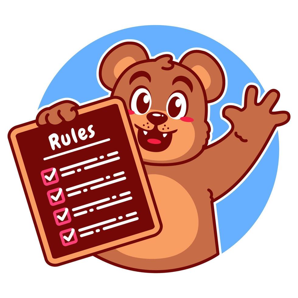 Illustration of Cute Bear Cartoon Character Holding a Checklist or list of rules vector