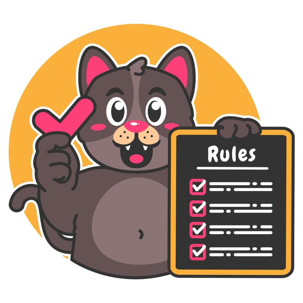 Illustration of Cute Black Cat Cartoon Character Holding a Checklist or list of rules vector