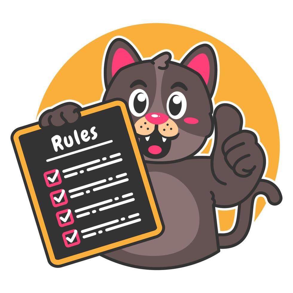 Illustration of Cute Black Cat Cartoon Character Holding a Checklist or list of rules vector