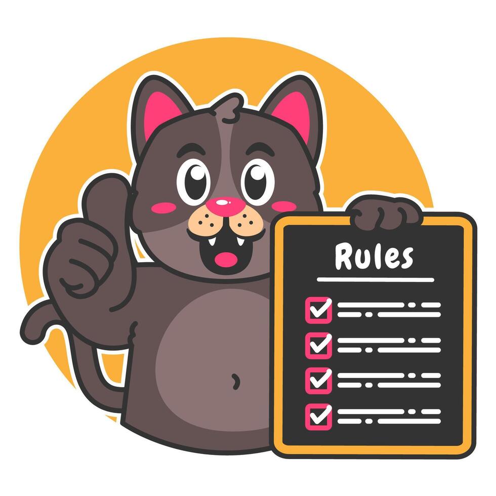 Illustration of Cute Black Cat Cartoon Character Holding a Checklist or list of rules vector