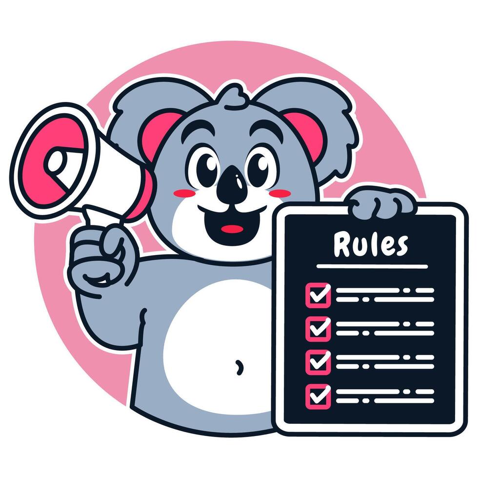 Illustration of Cute Raccoon Cartoon Character Holding a Checklist or list of rules with megaphone vector