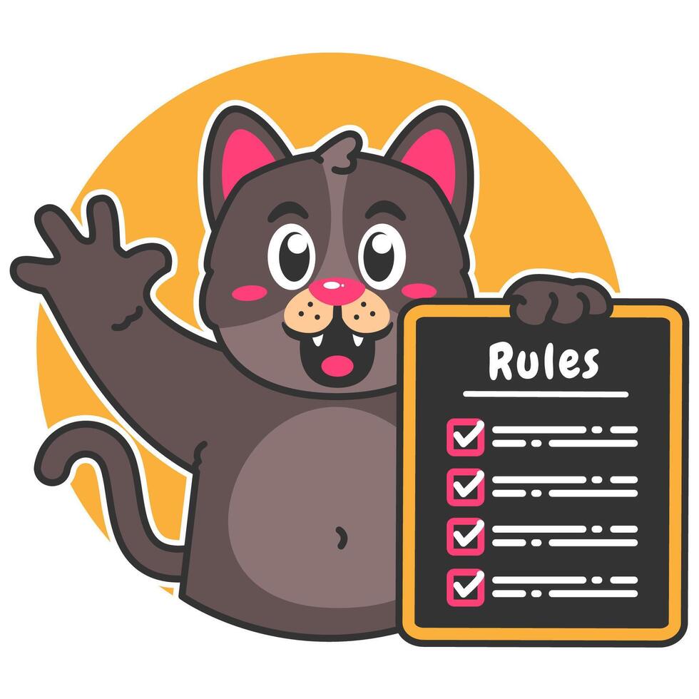 Illustration of Cute Black Cat Cartoon Character Holding a Checklist or list of rules vector