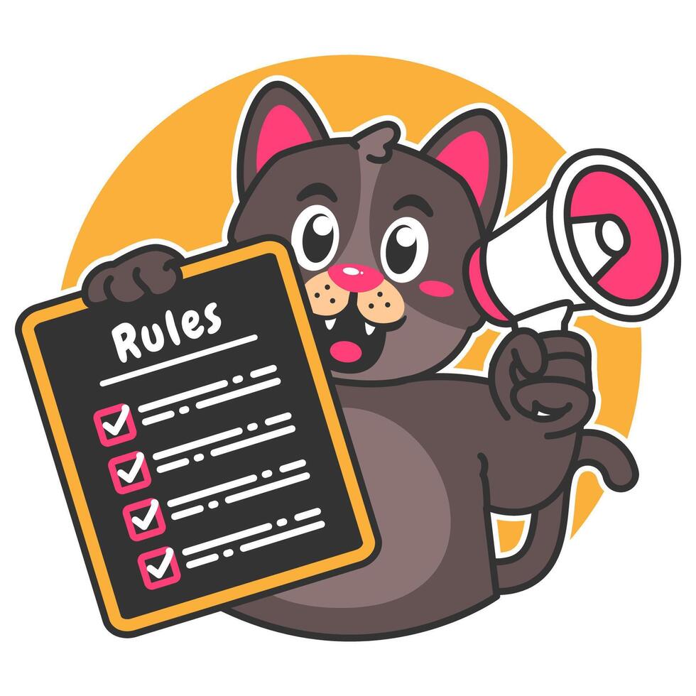 Illustration of Cute Black Cat Cartoon Character Holding a Checklist or list of rules and a megaphone vector