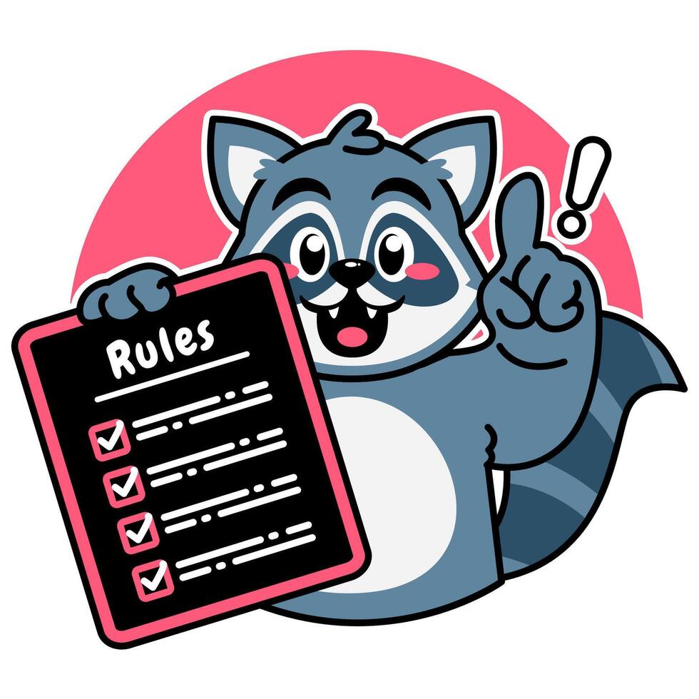 Illustration of Cute Raccoon Cartoon Character Holding a Checklist or list of rules vector