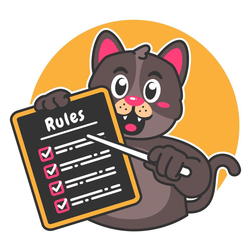Illustration of Cute Black Cat Cartoon Character Holding a Checklist or list of rules vector