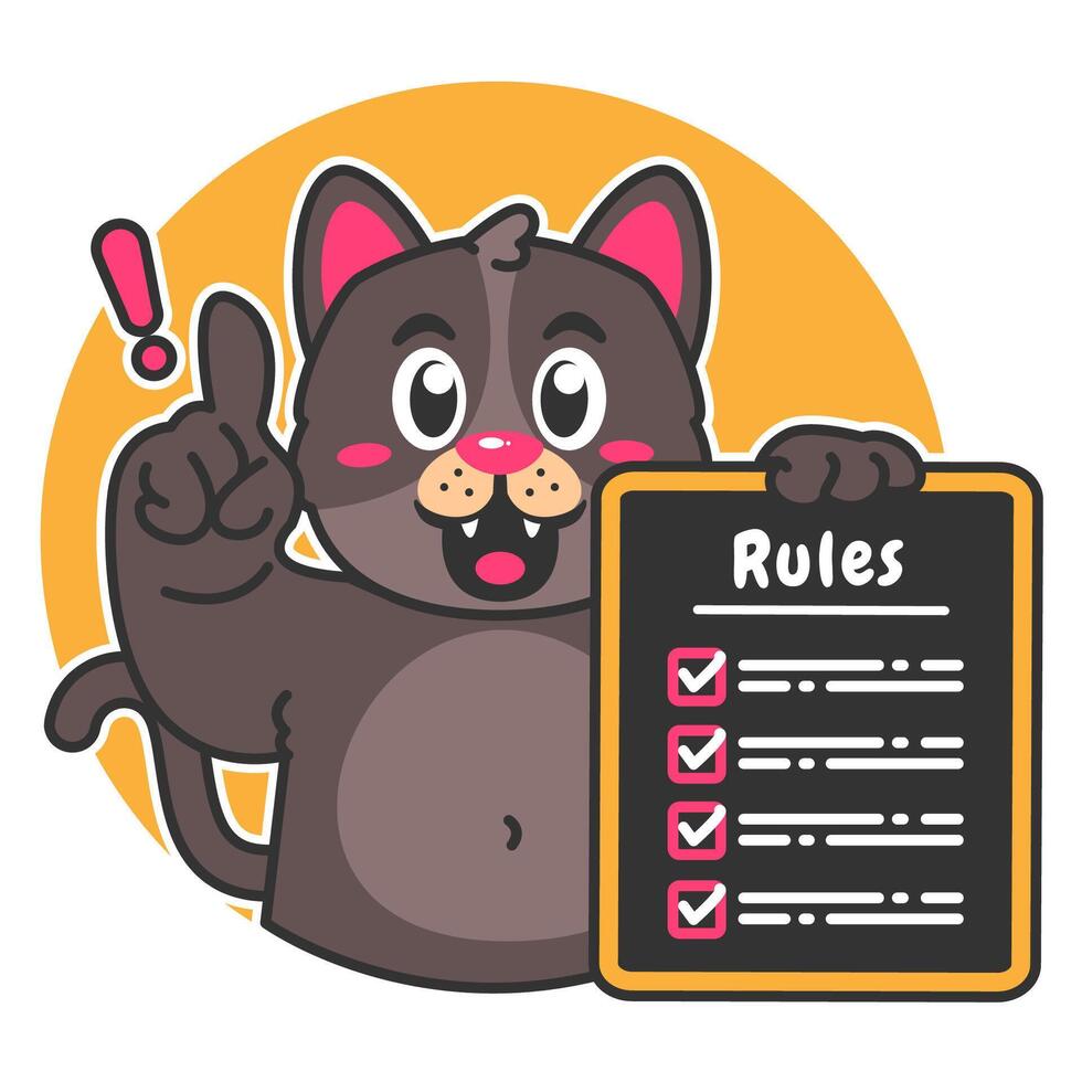 Illustration of Cute Black Cat Cartoon Character Holding a Checklist or list of rules vector
