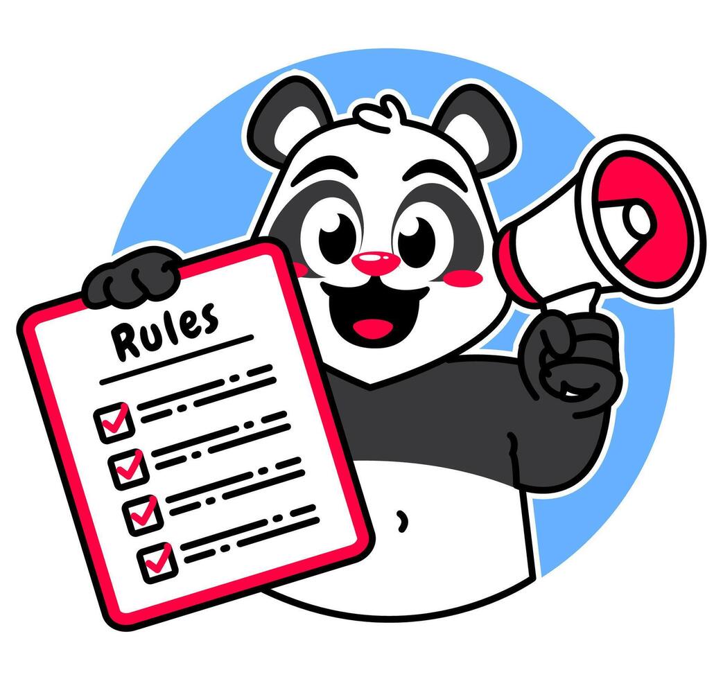 Illustration of Cute Panda Cartoon Character Holding Checklist and Rules ad a megaphone vector