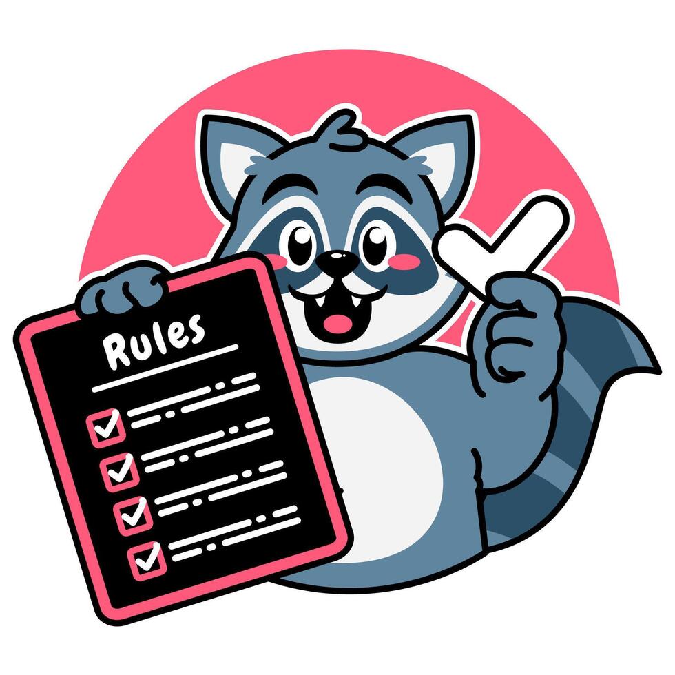 Illustration of Cute Raccoon Cartoon Character Holding a Checklist or list of rules vector
