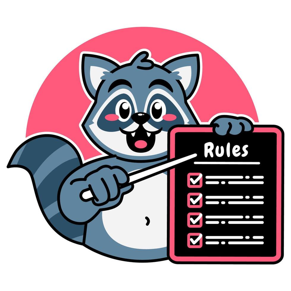 Illustration of Cute Raccoon Cartoon Character Holding a Checklist or list of rules vector