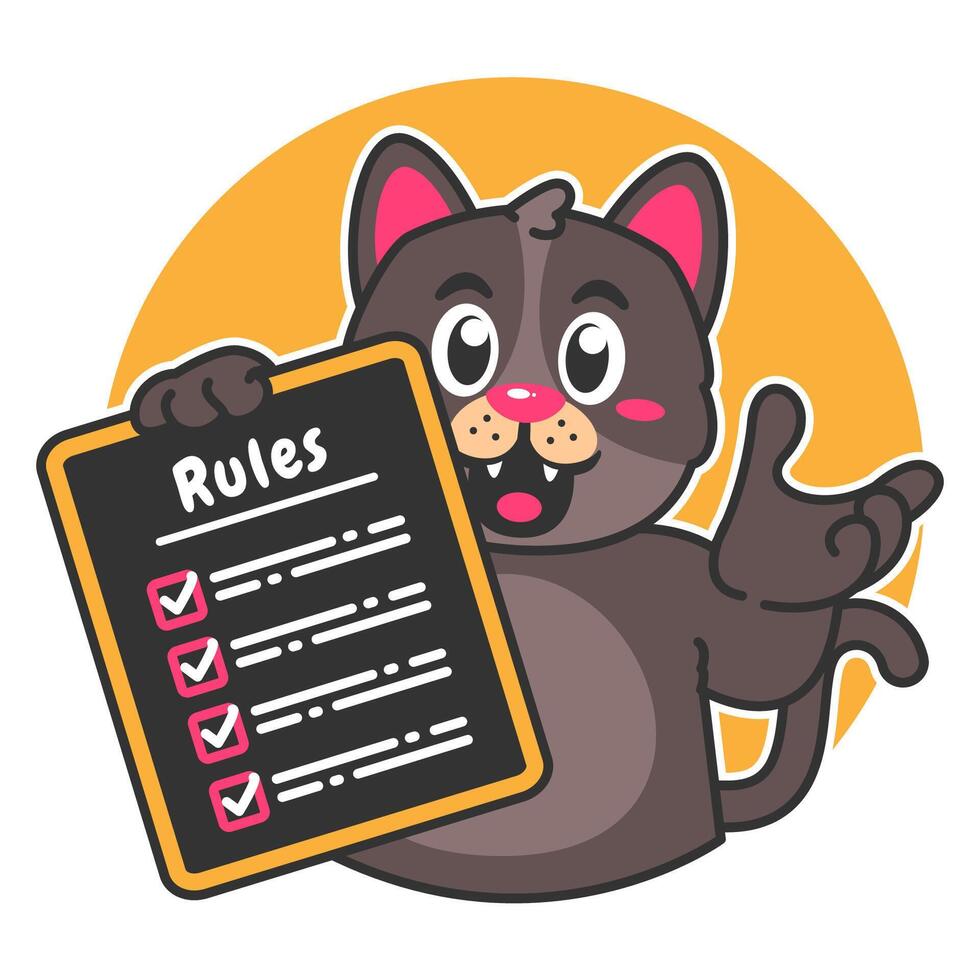 Illustration of Cute Black Cat Cartoon Character Holding a Checklist or list of rules vector
