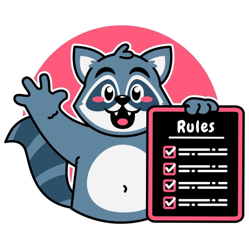 Illustration of Cute Raccoon Cartoon Character Holding a Checklist or list of rules vector