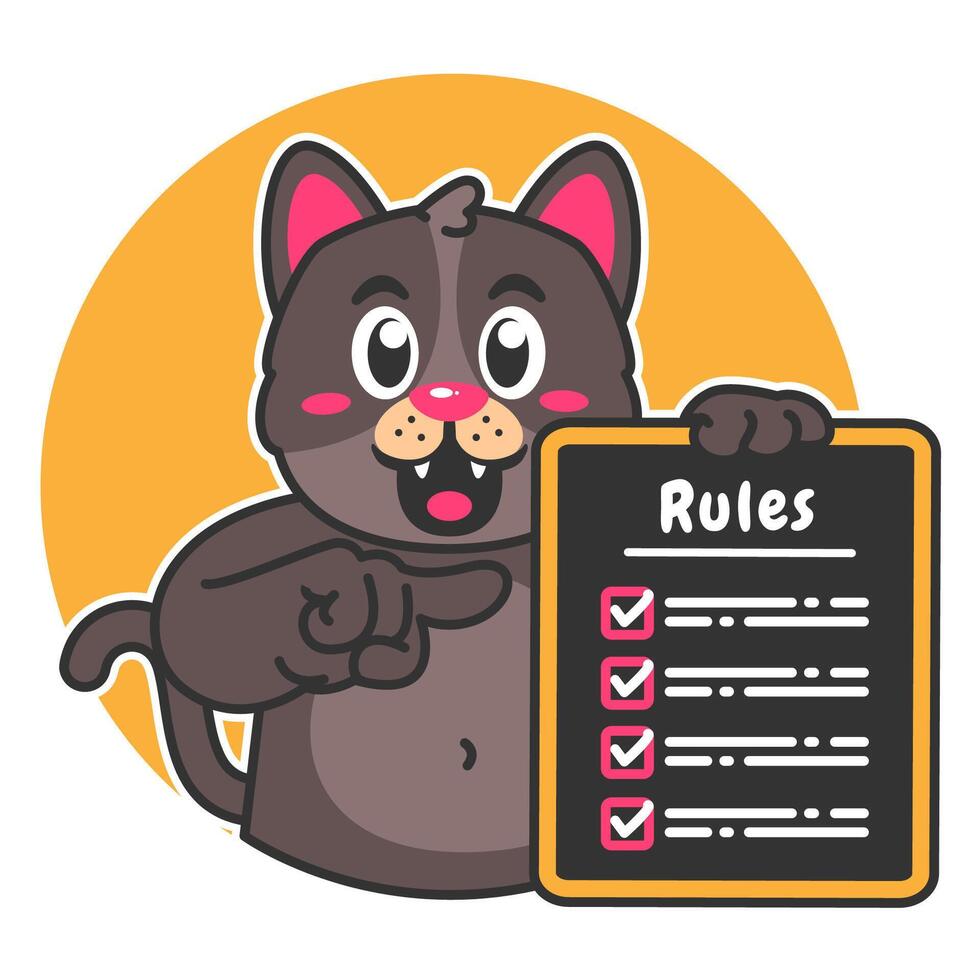 Illustration of Cute Black Cat Cartoon Character Holding a Checklist or list of rules vector