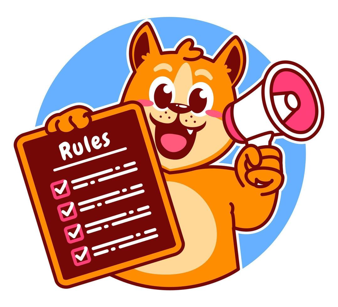 Illustration of Cute Shiba Inu Cartoon Character Holding Checklist and Rules and a megaphone vector