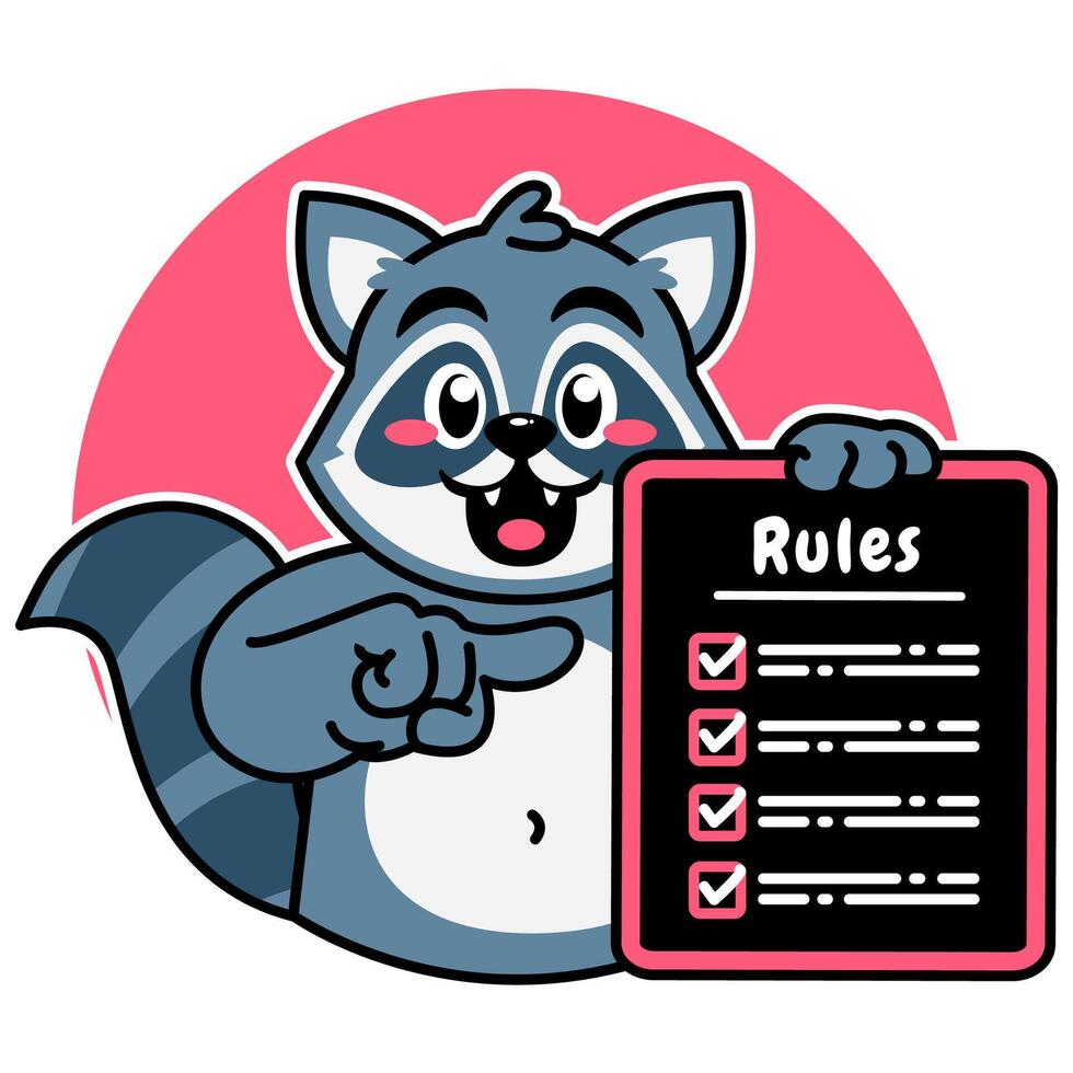 Illustration of Cute Raccoon Cartoon Character Holding a Checklist or list of rules vector