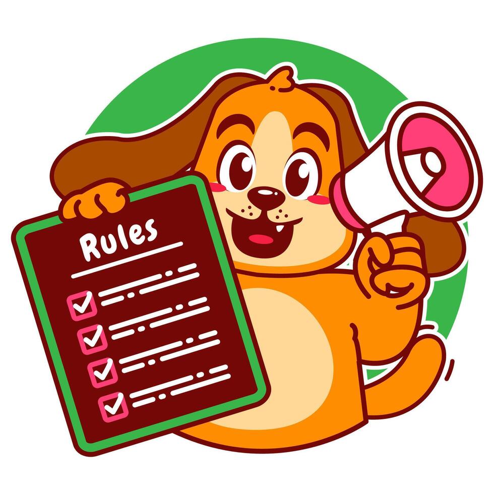 Illustration of Cute Dog Cartoon Character Holding a Checklist or list of rules and a megaphone vector