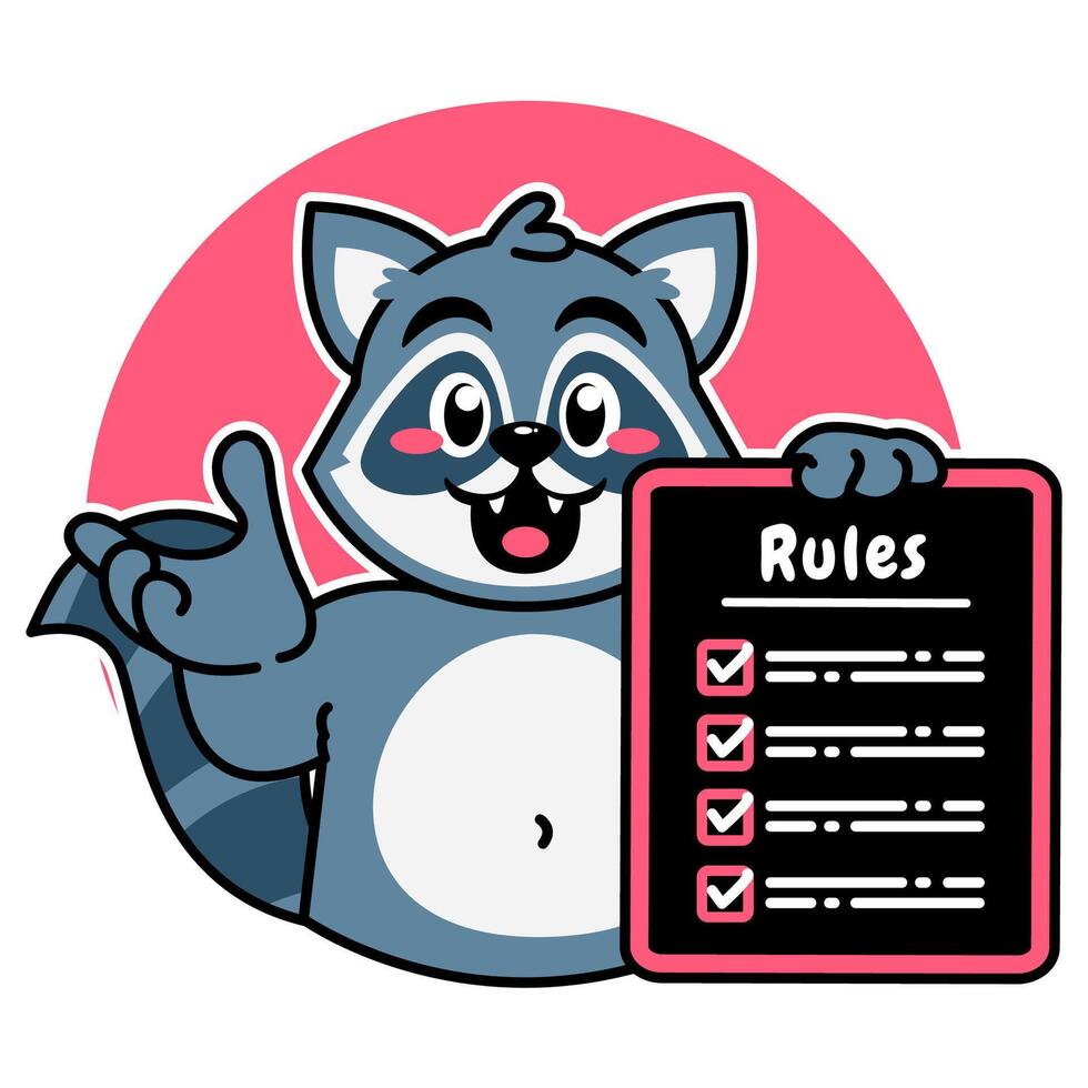 Illustration of Cute Raccoon Cartoon Character Holding a Checklist or list of rules vector