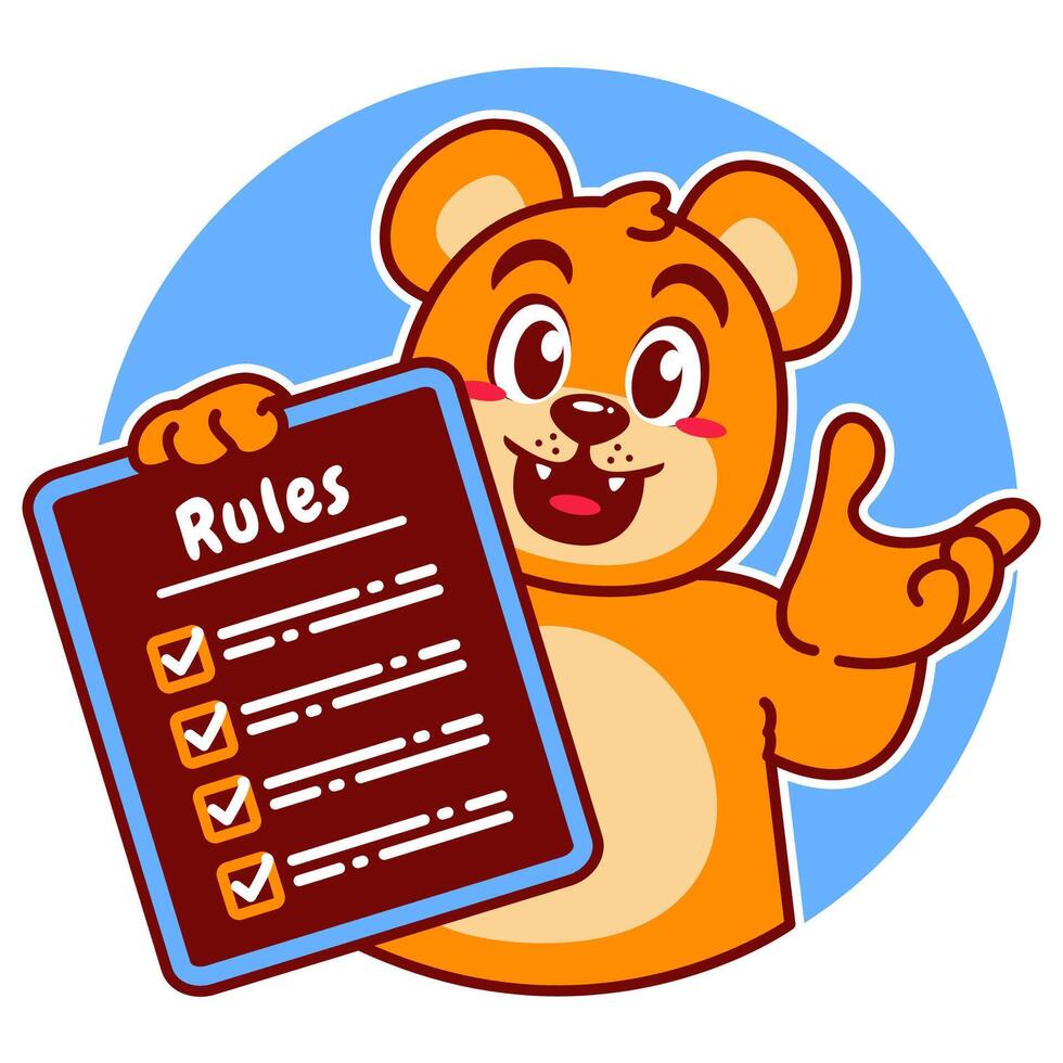 Illustration of Cute Bear Cartoon Character Holding a Checklist or list of rules vector
