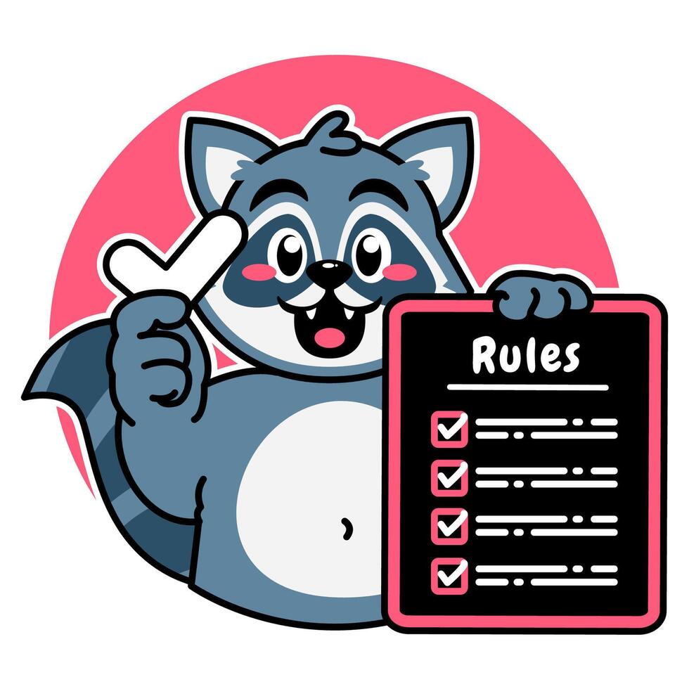 Illustration of Cute Raccoon Cartoon Character Holding a Checklist or list of rules vector
