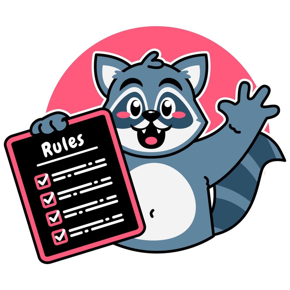 Illustration of Cute Raccoon Cartoon Character Holding a Checklist or list of rules vector