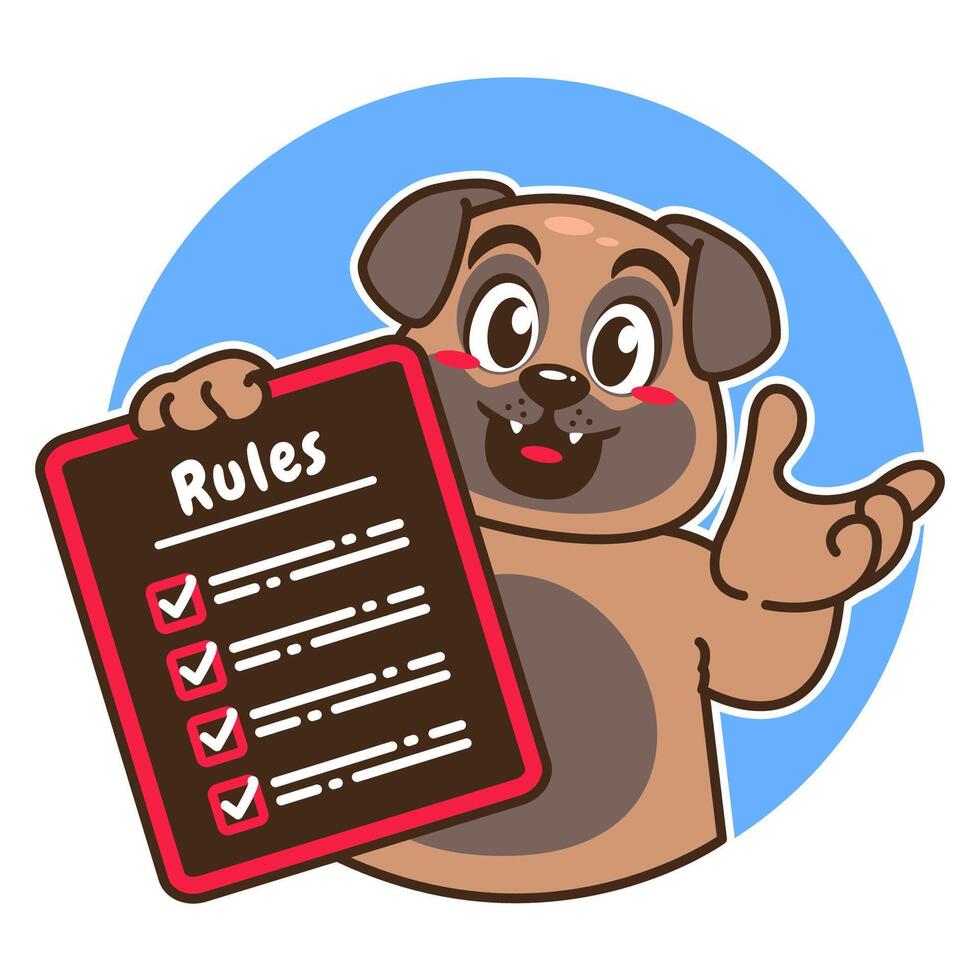 Illustration of Cute Pug Cartoon Character Holding a Checklist or list of rules vector