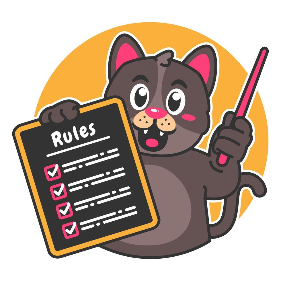 Illustration of Cute Black Cat Cartoon Character Holding a Checklist or list of rules vector