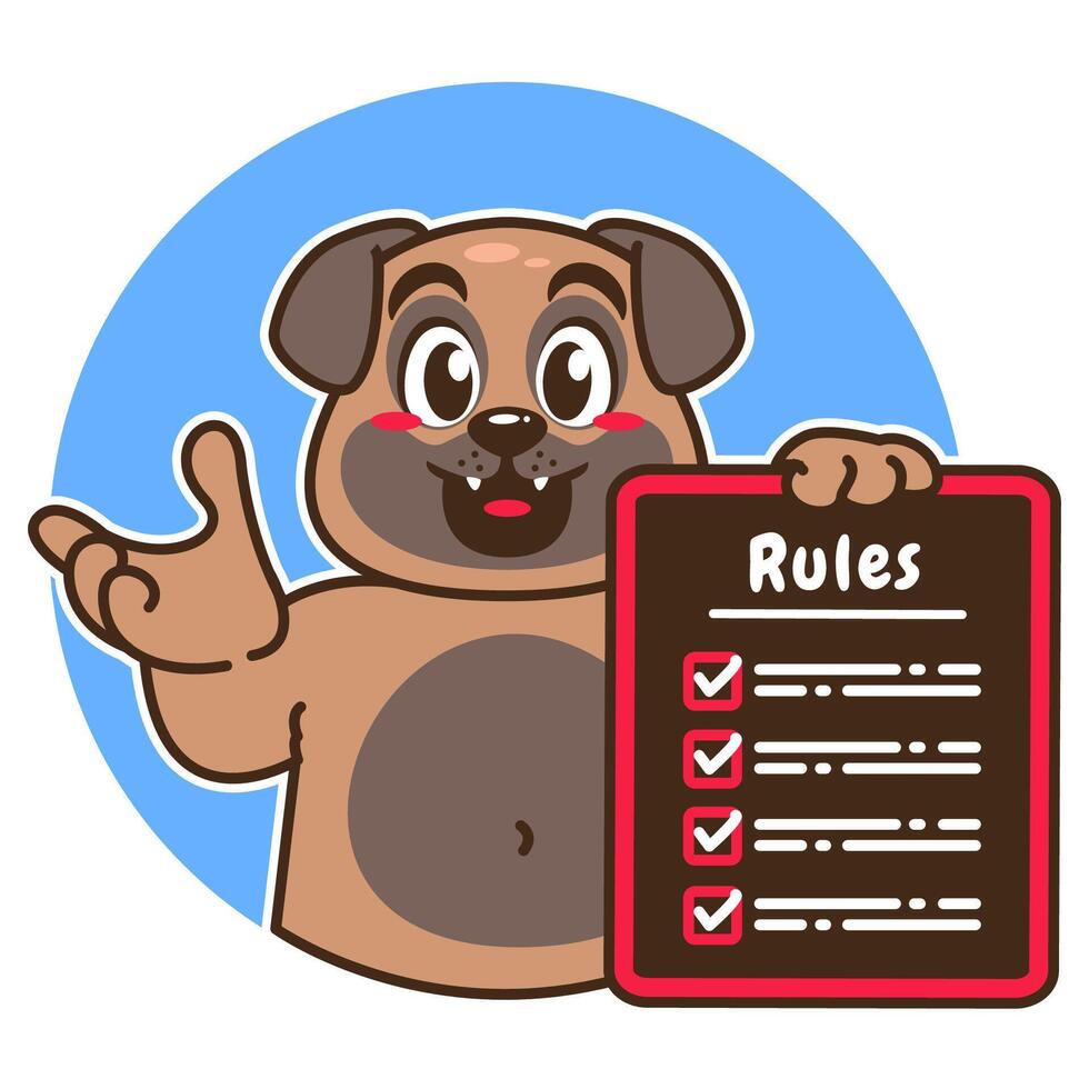 Illustration of Cute Pug Cartoon Character Holding a Checklist or list of rules vector