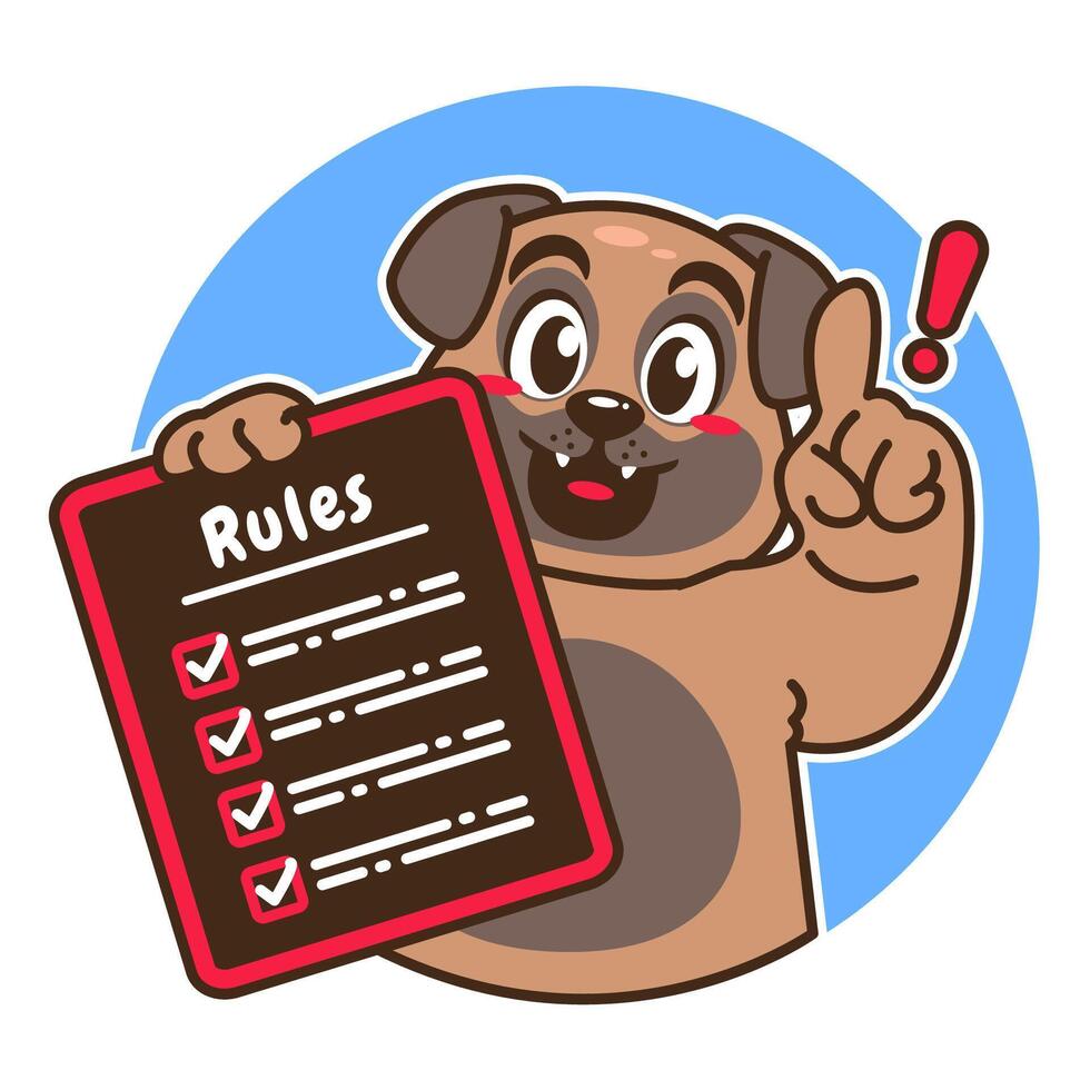 Illustration of Cute Pug Cartoon Character Holding a Checklist or list of rules vector