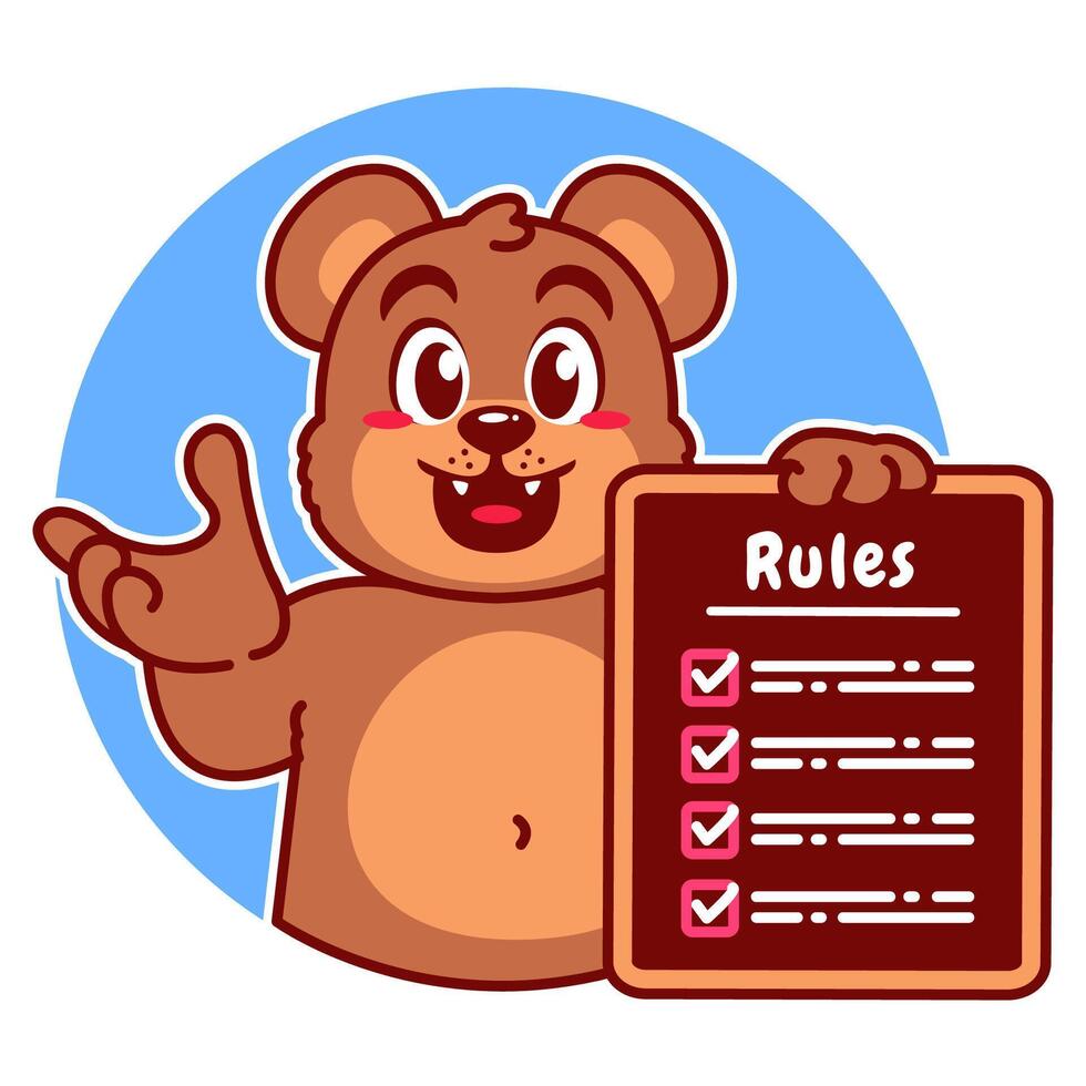 Illustration of Cute Bear Cartoon Character Holding a Checklist or list of rules vector