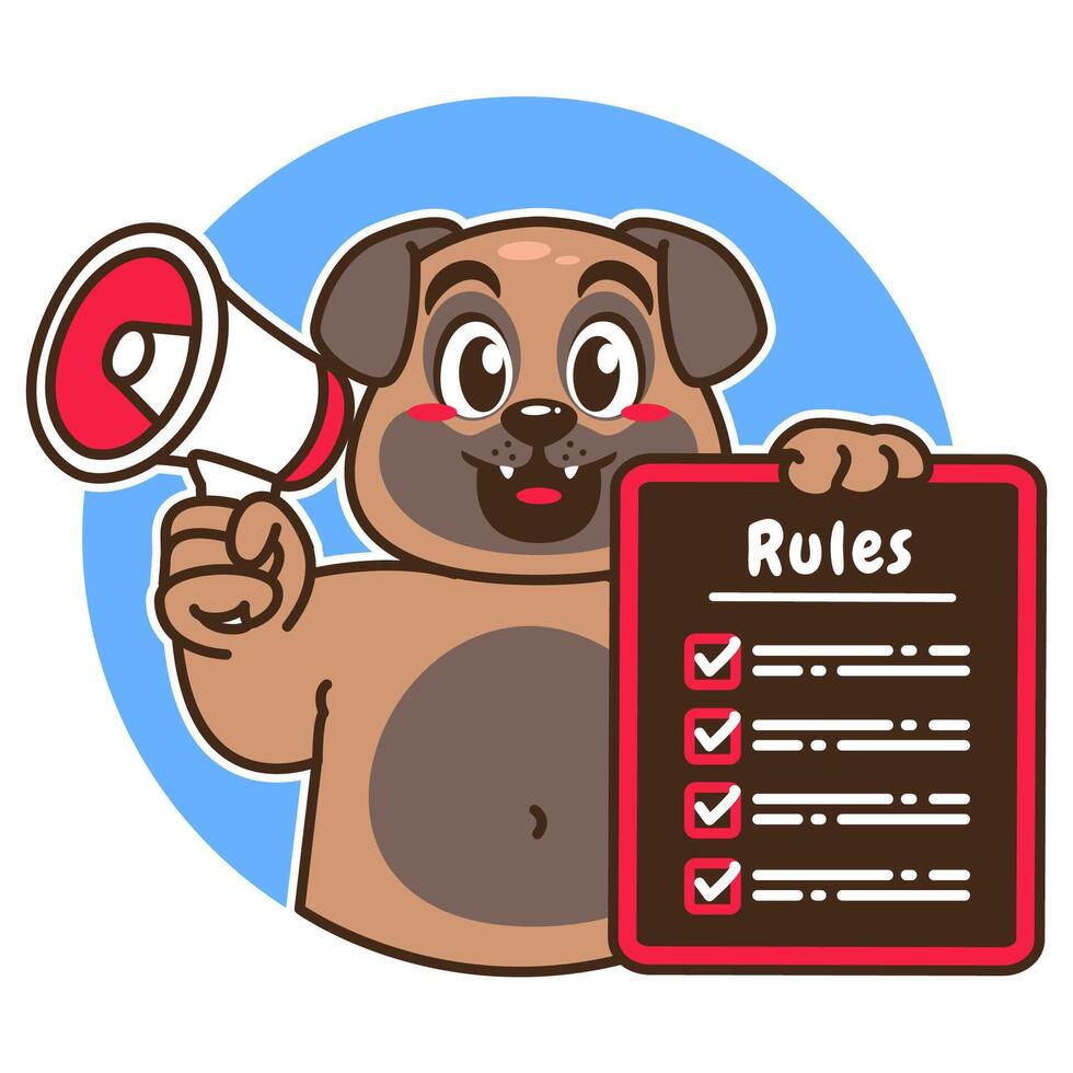 Illustration of Cute Pug Cartoon Character Holding a Checklist or list of rules and a megaphone vector